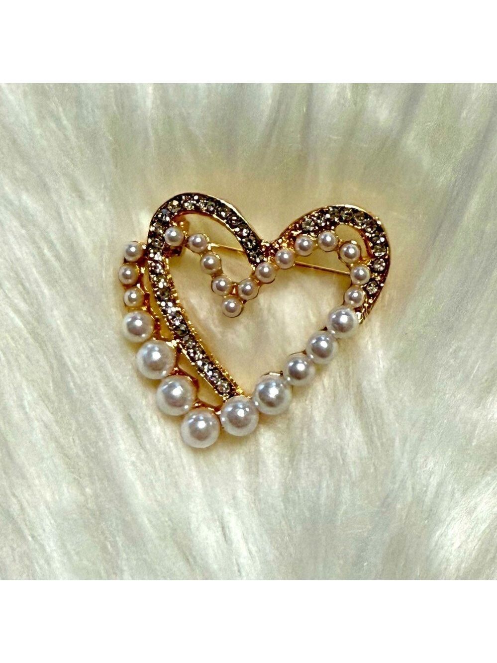Gold Tone Faux Pearl And Clear Crystal Heart Brooch New - Picture 5 of 5